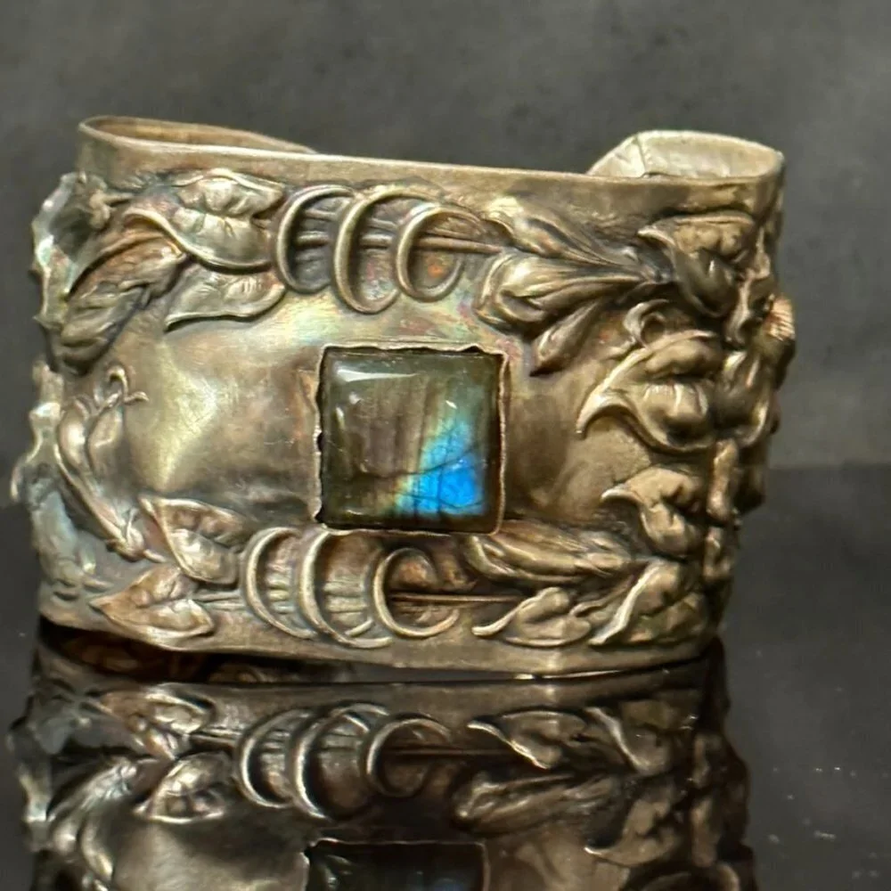 Labradorite Spectralite Sterling Silver 925 Cuff Bracelet Wide Floral Antique
